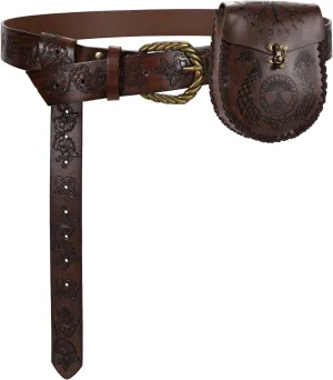 Medieval Embossed Faux Leather Belt with Bag - Vintage Cosplay Belt Pouch