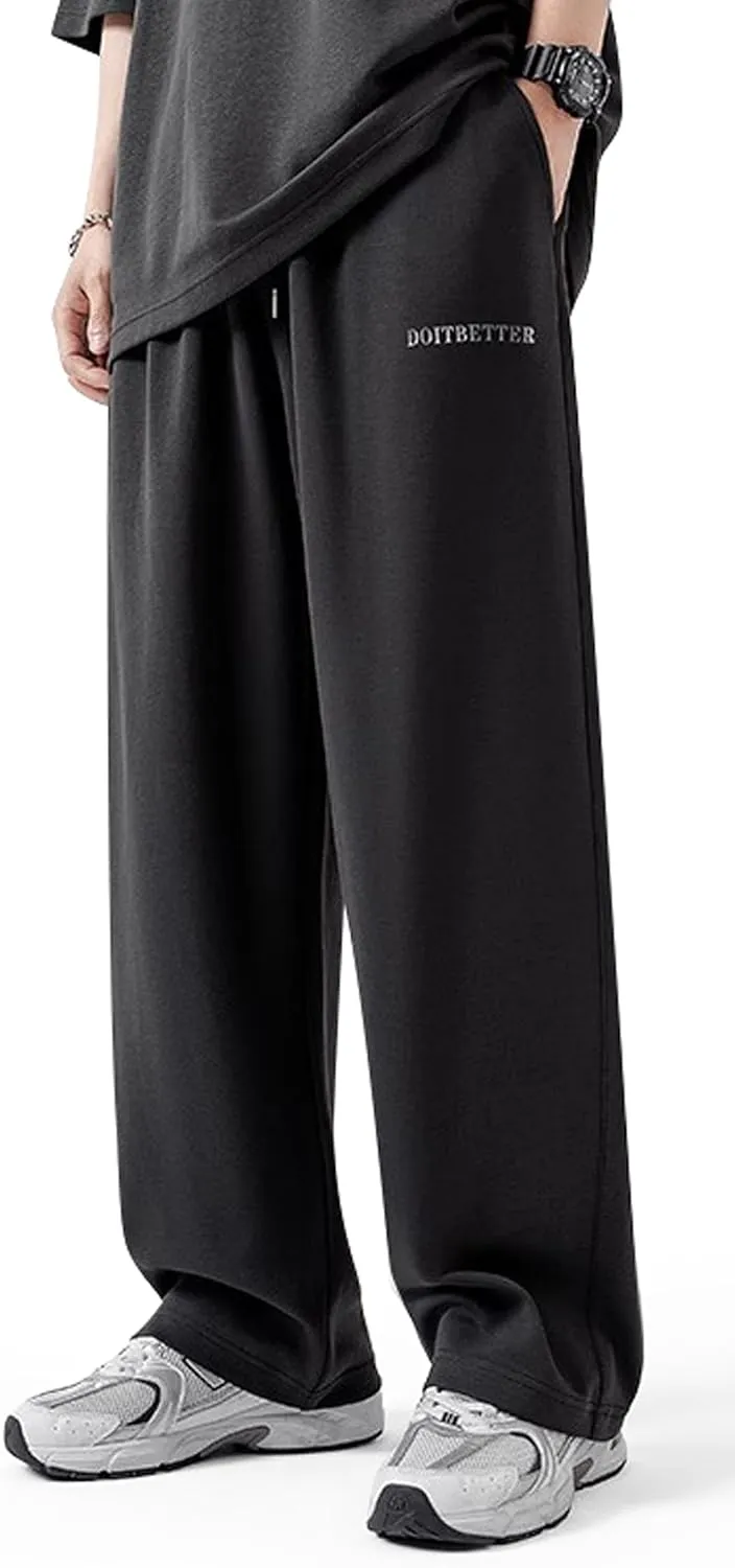 Men's Cotton Sweatpants Loose Fit Baggy Straight Leg Sweat Pants for Men Open Bottom Lounge Yoga Pants with Pockets