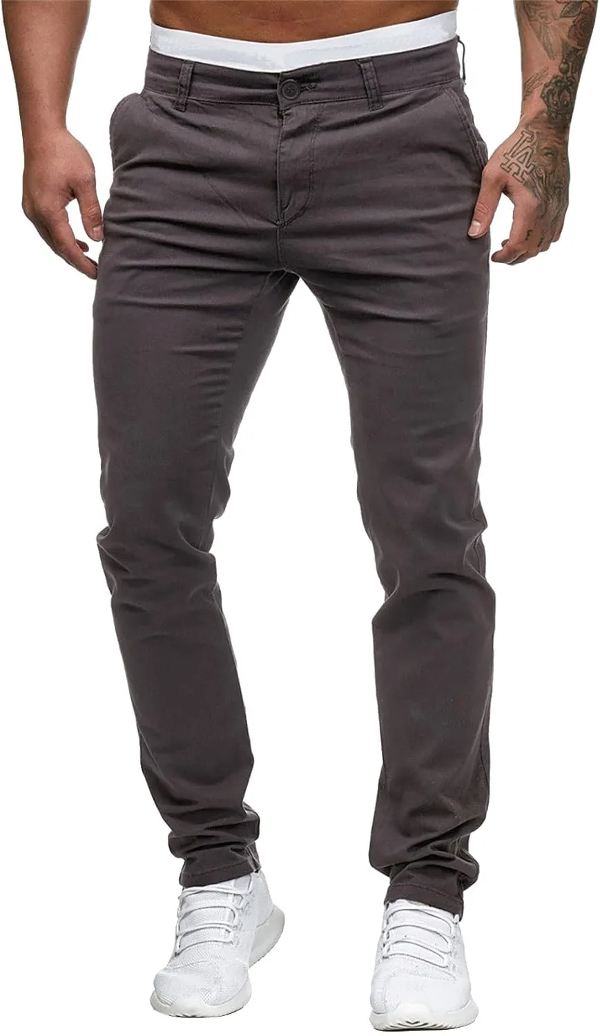 Men's Slim Fit Pants Open Bottom Straight Leg Stretch Waist Pants Solid Chino Casual Tapered Trousers with Pockets