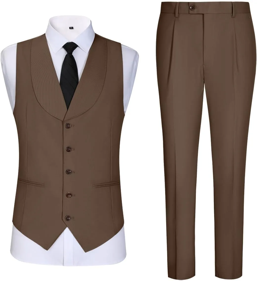 Mens Vest Pants Suits Set 2 Pieces Slim Fit Groomsmen Suit for Men Formal
