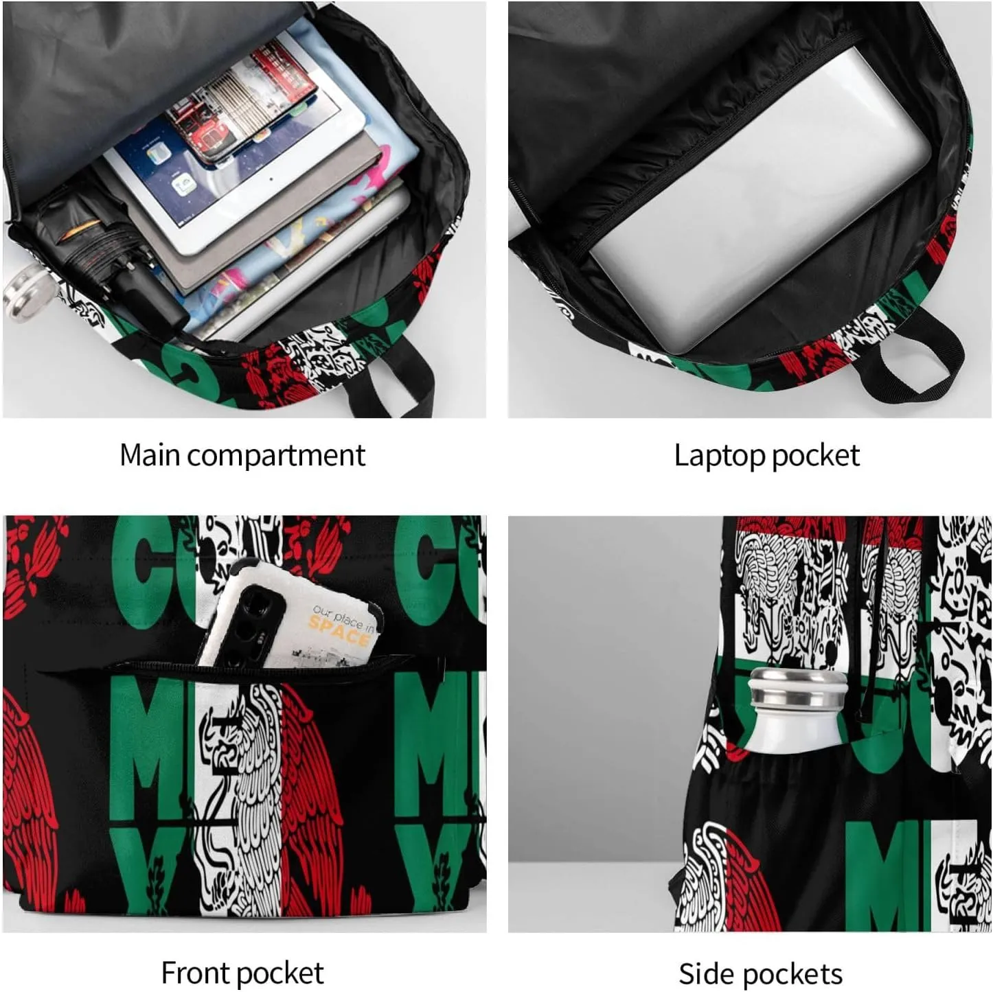 Mexico Mexican Eagle Flag Laptop Commuter Backpack Shoulder Bag Casual Back Pack Daypack Bags With Side Pockets For Work Travel Daily Use