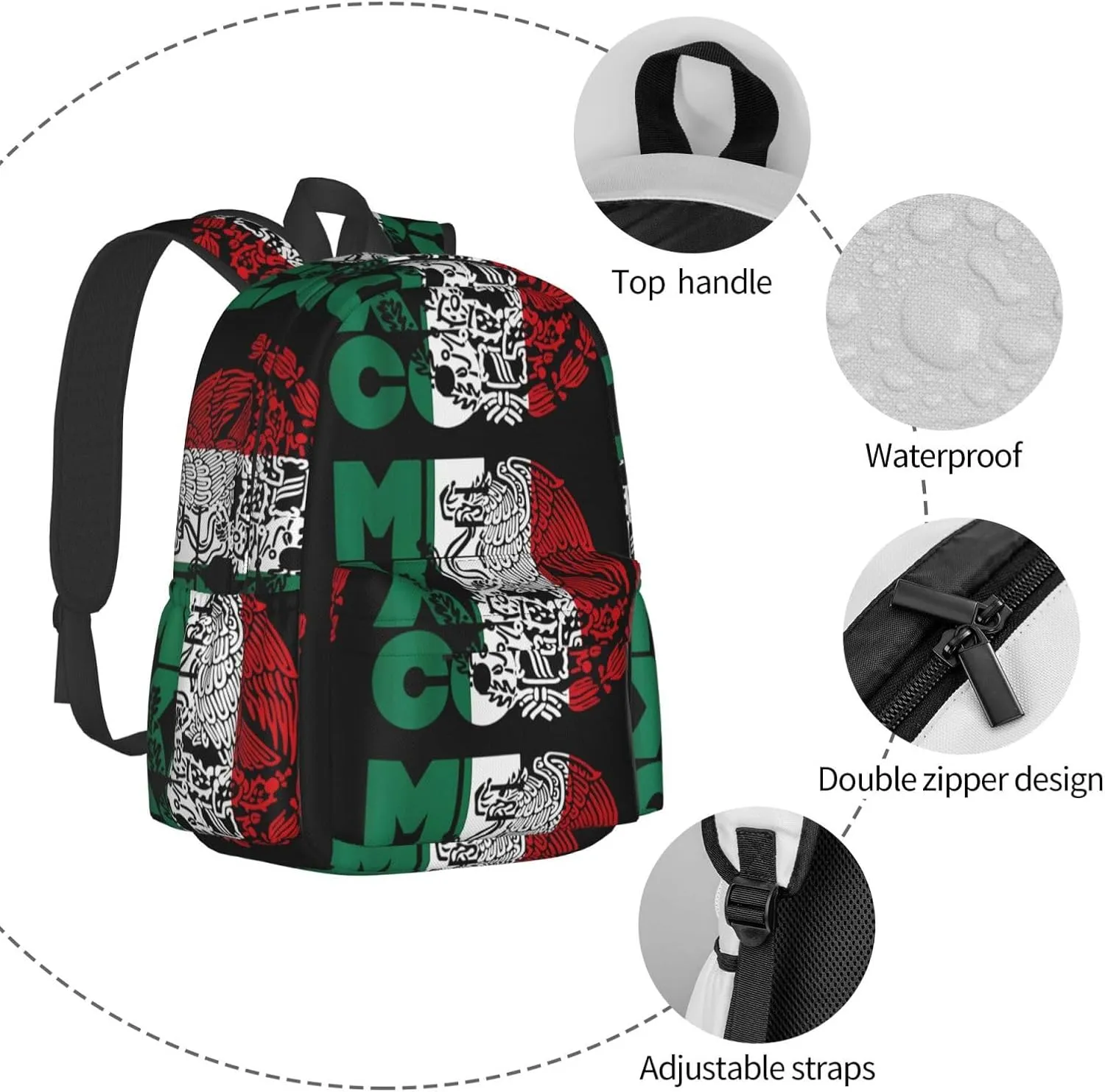 Mexico Mexican Eagle Flag Laptop Commuter Backpack Shoulder Bag Casual Back Pack Daypack Bags With Side Pockets For Work Travel Daily Use