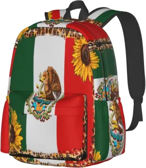 Mexico Mexican Eagle Sunflower Flag Laptop Commuter Backpack Shoulder Bag Casual Back Pack Daypack Bags With Side Pockets For Work Travel Daily Use