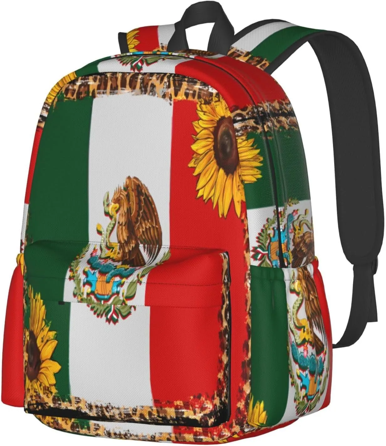 Mexico Mexican Eagle Sunflower Flag Laptop Commuter Backpack Shoulder Bag Casual Back Pack Daypack Bags With Side Pockets For Work Travel Daily Use