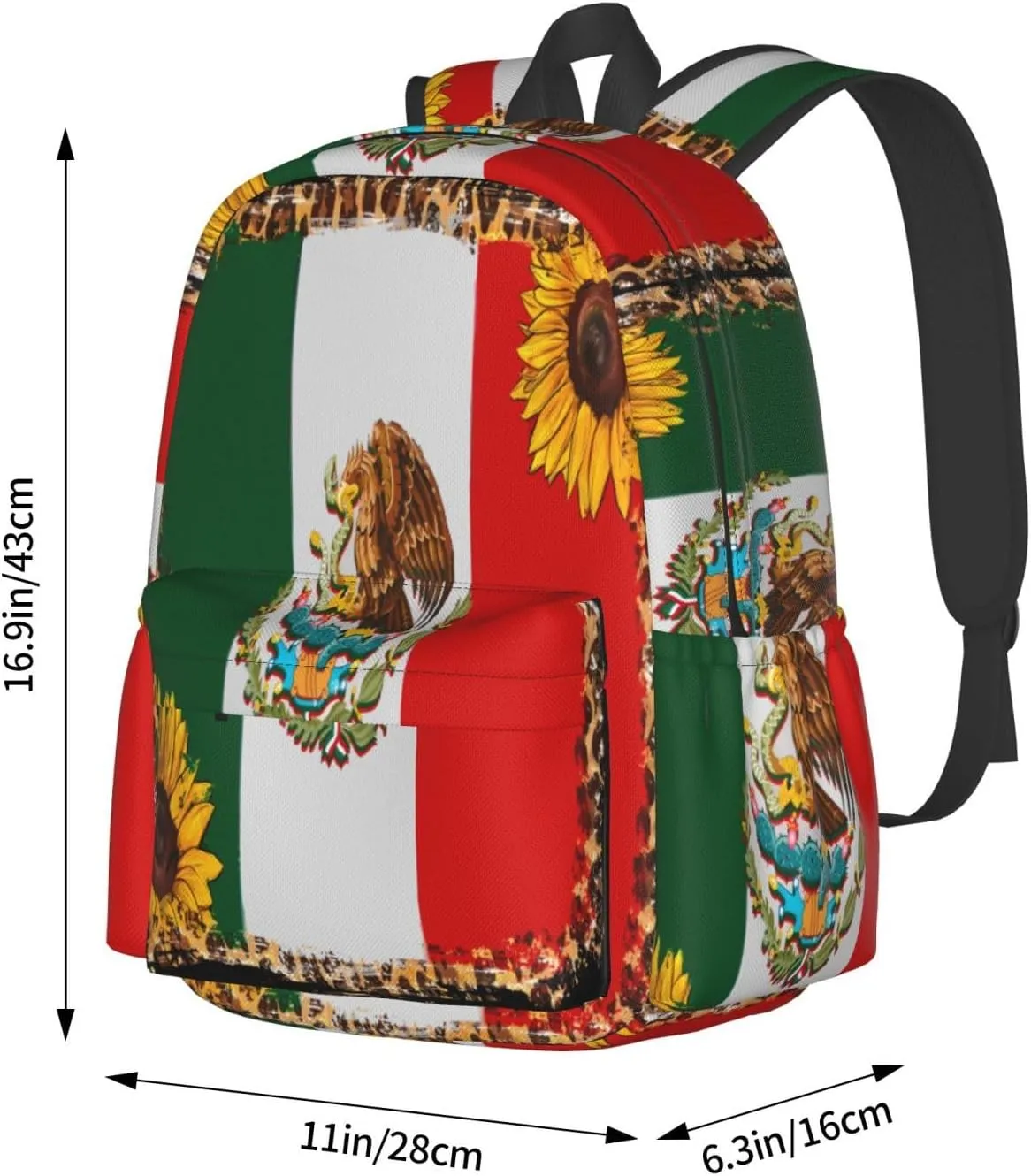 Mexico Mexican Eagle Sunflower Flag Laptop Commuter Backpack Shoulder Bag Casual Back Pack Daypack Bags With Side Pockets For Work Travel Daily Use