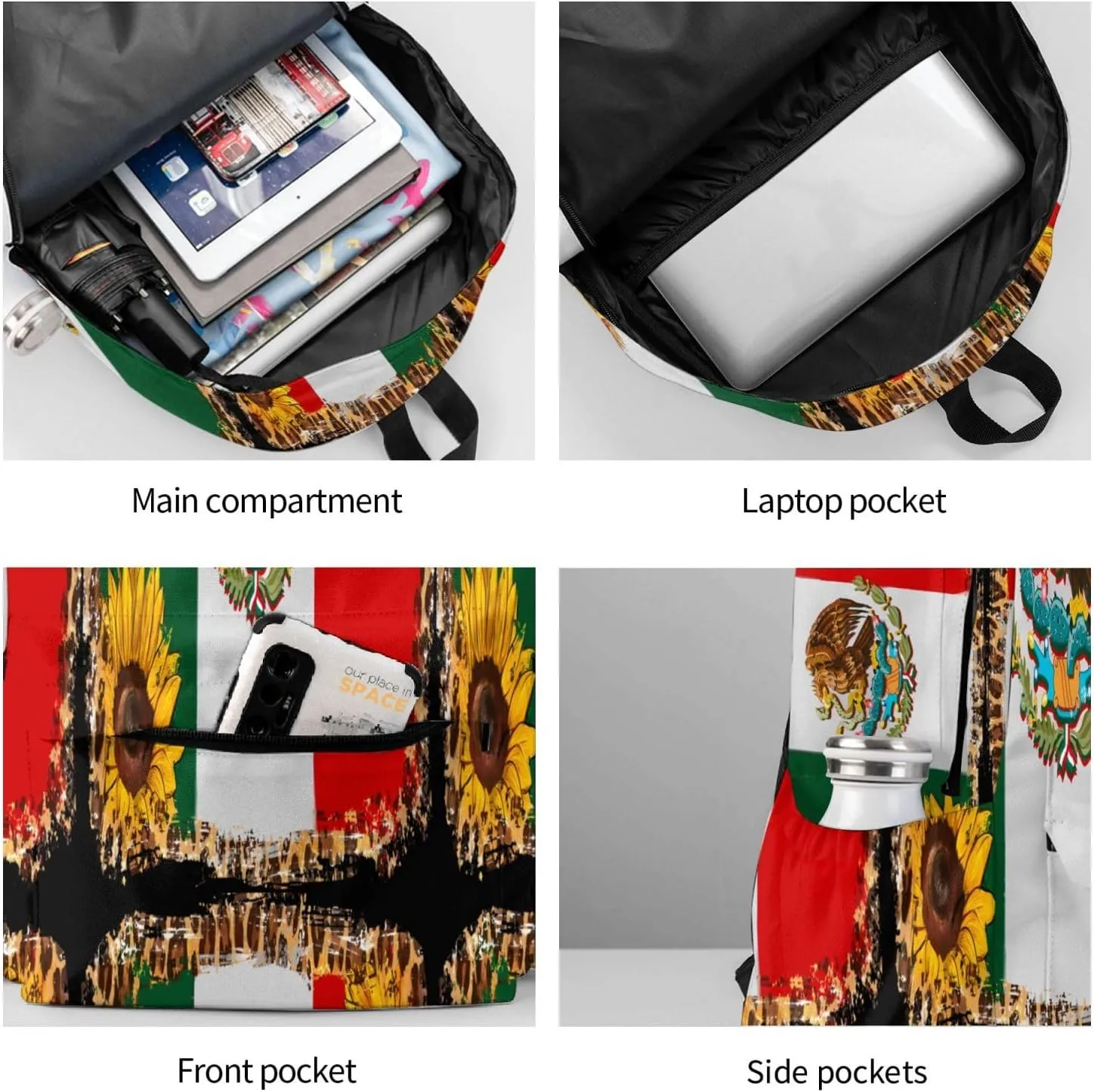 Mexico Mexican Eagle Sunflower Flag Laptop Commuter Backpack Shoulder Bag Casual Back Pack Daypack Bags With Side Pockets For Work Travel Daily Use