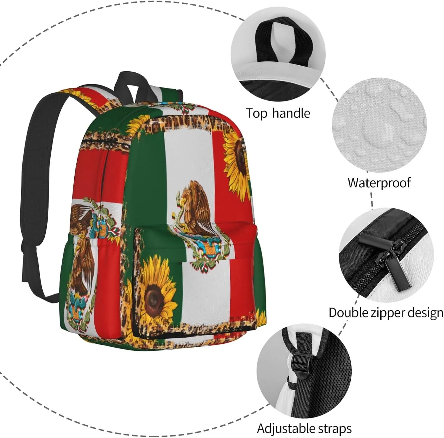 Mexico Mexican Eagle Sunflower Flag Laptop Commuter Backpack Shoulder Bag Casual Back Pack Daypack Bags With Side Pockets For Work Travel Daily Use