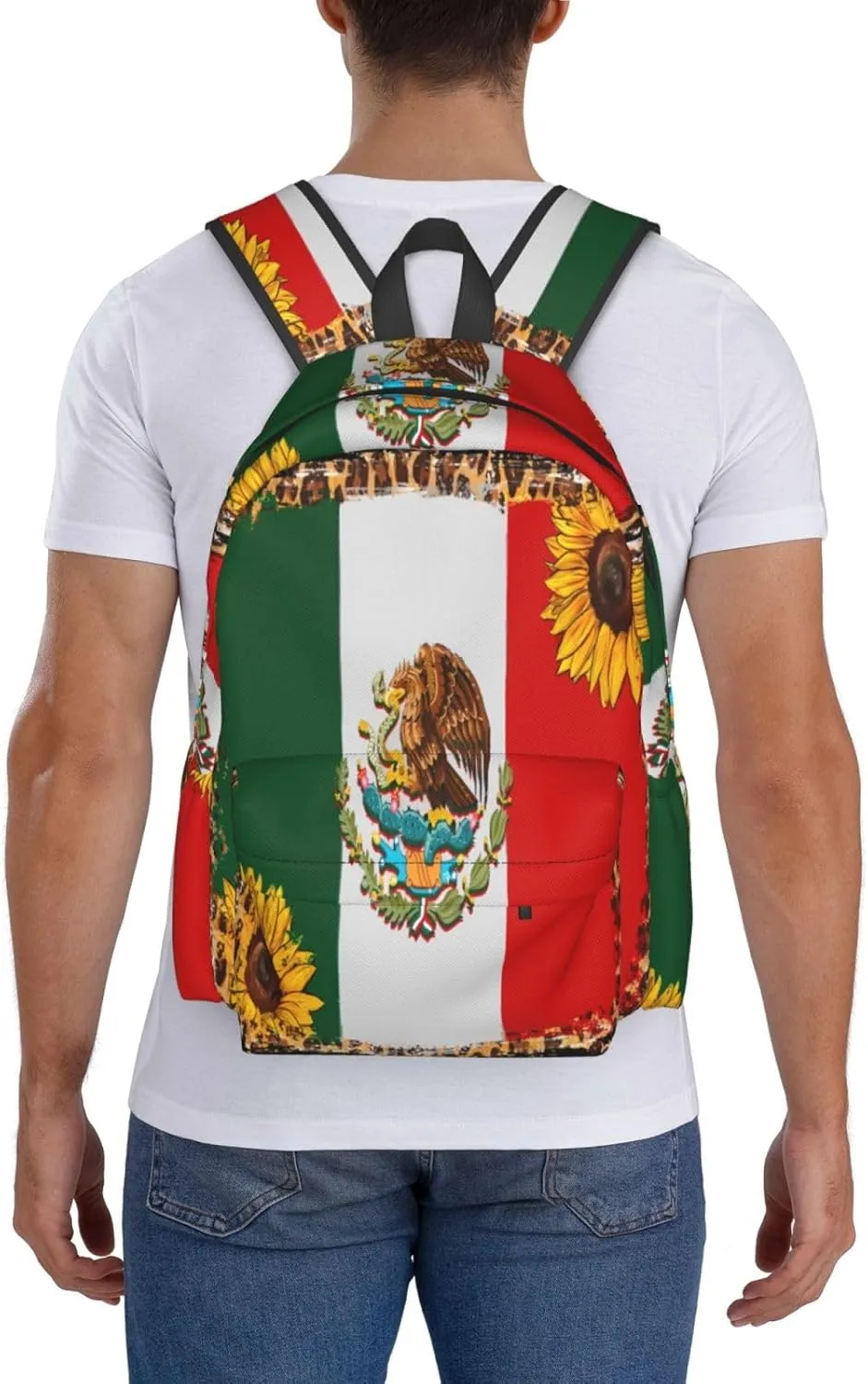 Mexico Mexican Eagle Sunflower Flag Laptop Commuter Backpack Shoulder Bag Casual Back Pack Daypack Bags With Side Pockets For Work Travel Daily Use