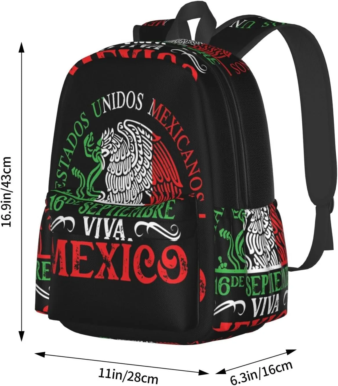 Mexico Pride Independence Day Laptop Commuter Backpack Shoulder Bag Casual Back Pack Daypack Bags With Side Pockets For Work Travel Daily Use