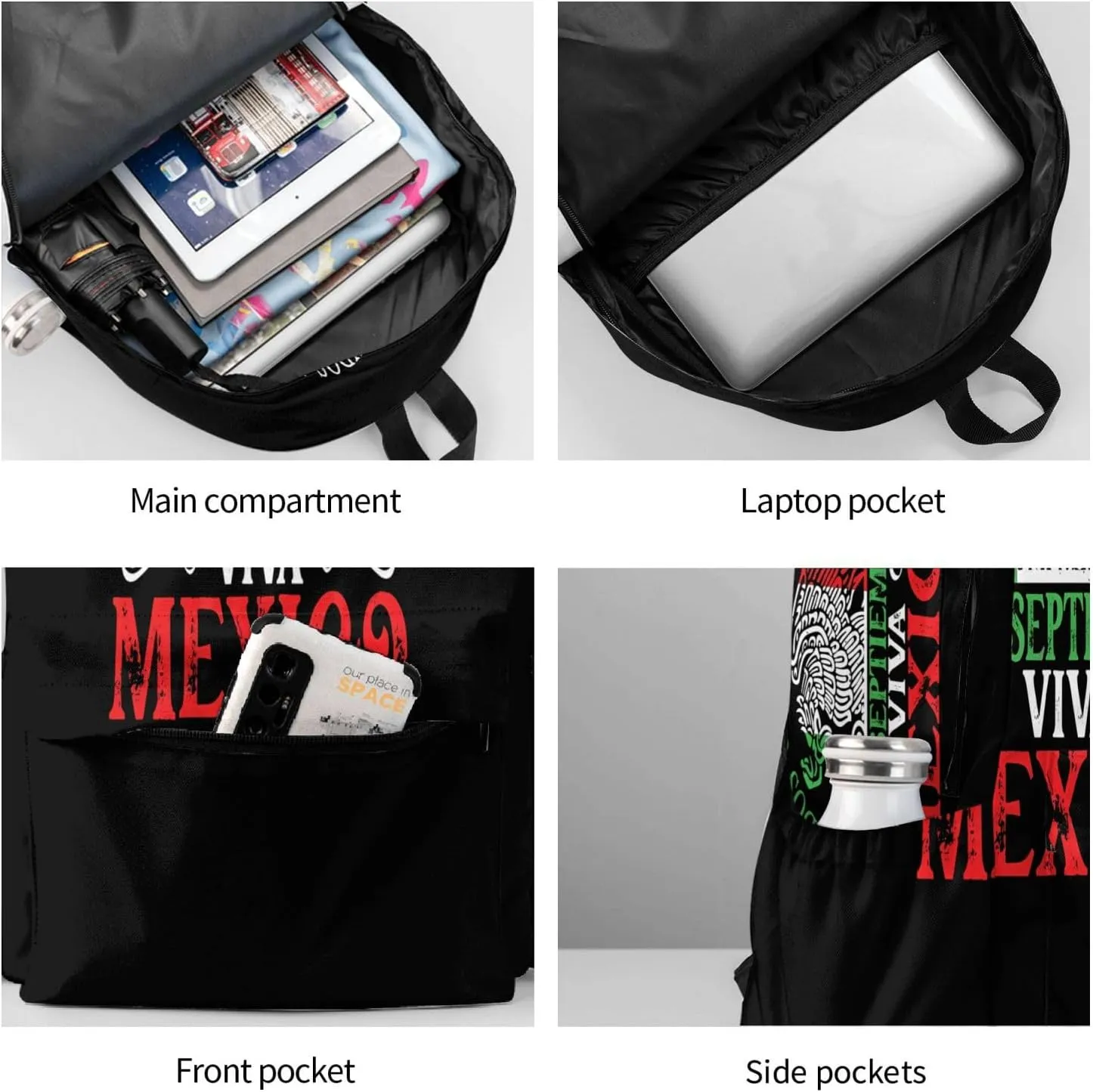 Mexico Pride Independence Day Laptop Commuter Backpack Shoulder Bag Casual Back Pack Daypack Bags With Side Pockets For Work Travel Daily Use