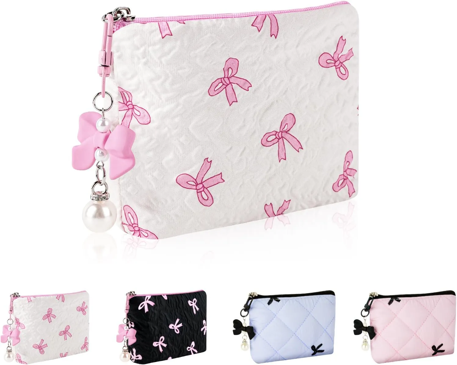 Mini Makeup Bag, Small Bow Tie Cosmetic Bag for Purse with Keychain, Portable XS Travel Makeup Pouch for Daily Use (Pink)