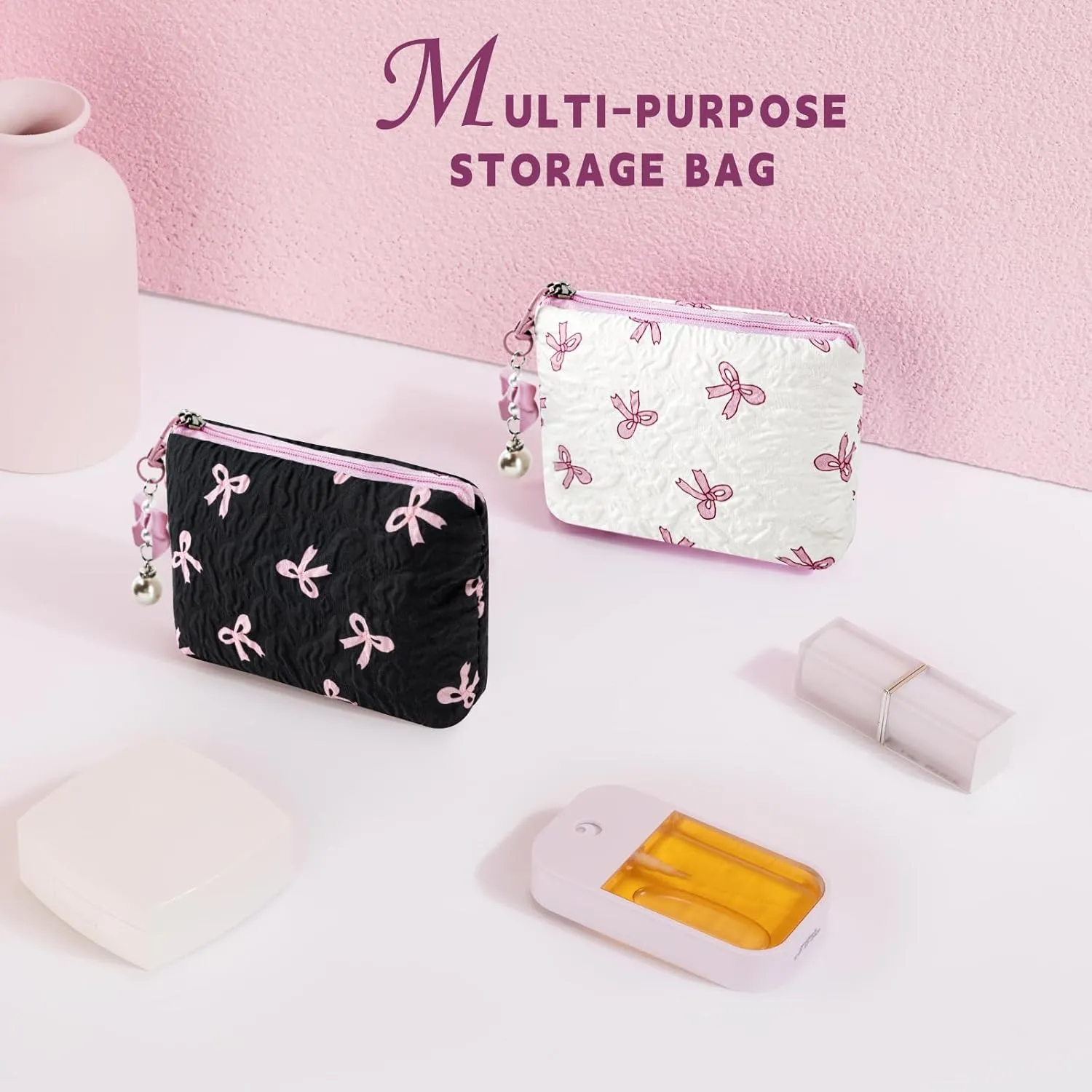 Mini Makeup Bag, Small Bow Tie Cosmetic Bag for Purse with Keychain, Portable XS Travel Makeup Pouch for Daily Use (Pink)