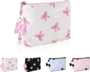 Mini Makeup Bag, Small Bow Tie Cosmetic Bag for Purse with Keychain, Portable XS Travel Makeup Pouch for Daily Use (Pink)