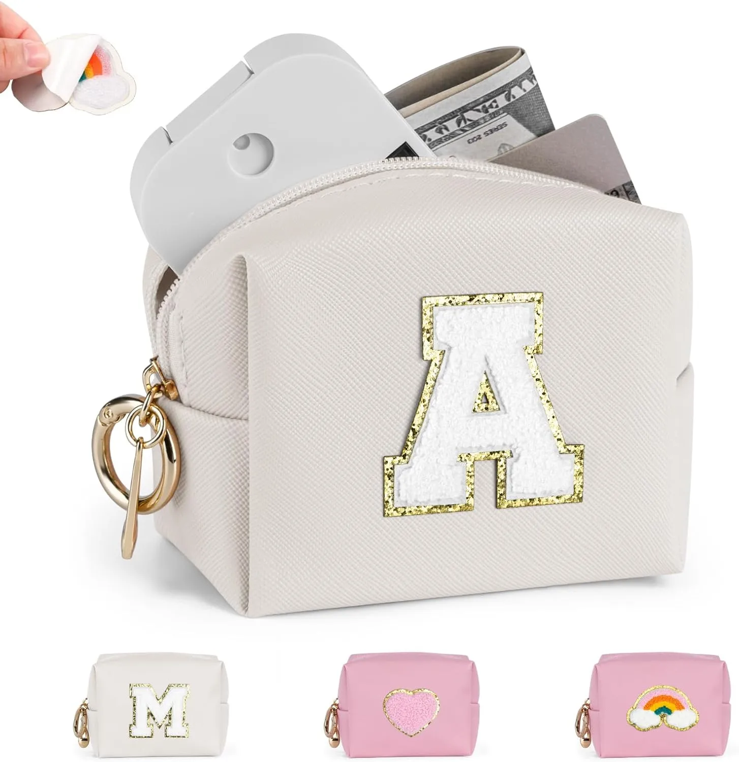 Mini Makeup Bag, Small Cosmetic Bag for Purse with Self Adhesive Letter Patches, Portable Travel Makeup Pouch for Girls Women Daily Use (Letter-A)