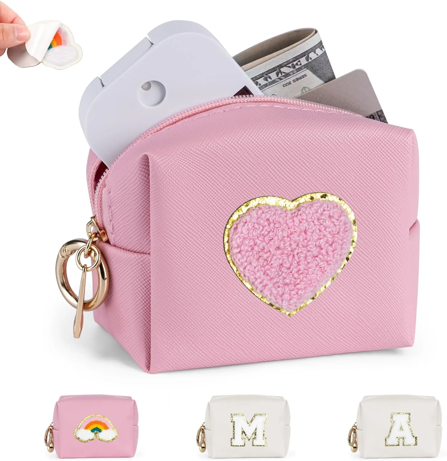 Mini Makeup Bag, Small Cosmetic Bag for Purse with Self Adhesive Patches, Portable Travel Makeup Pouch for Girls Women Daily Use (Heart)