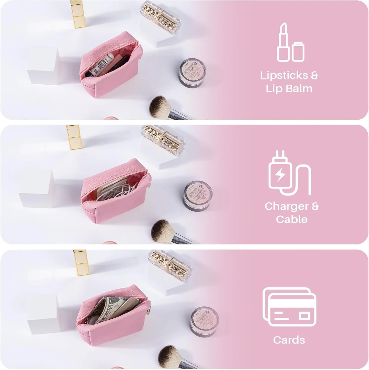 Mini Makeup Bag, Small Cosmetic Bag for Purse with Self Adhesive Patches, Portable Travel Makeup Pouch for Girls Women Daily Use (Letter-M)