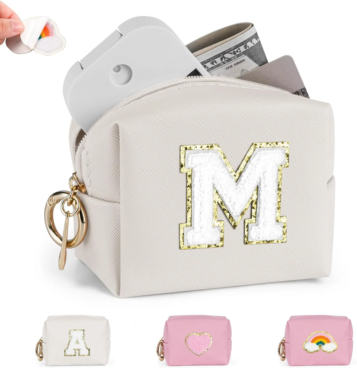 Mini Makeup Bag, Small Cosmetic Bag for Purse with Self Adhesive Patches, Portable Travel Makeup Pouch for Girls Women Daily Use (Letter-M)