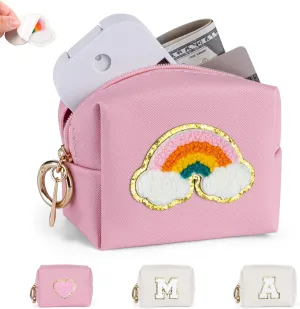 Mini Makeup Bag, Small Cosmetic Bag for Purse with Self Adhesive Patches, Portable Travel Makeup Pouch for Girls Women Daily Use (Rainbow)