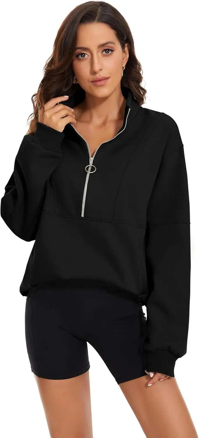 MISSACTIVER Womens Oversized Half Zip Sweatshirt Quarter 1/4 Zipper Long Sleeve Drop Shoulder Pocket Pullover Jacket Tops