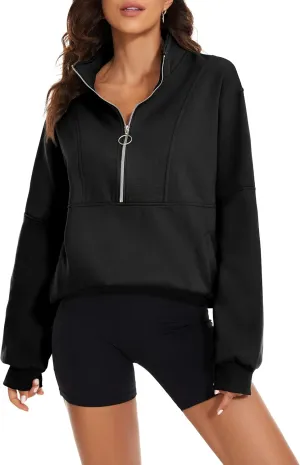 MISSACTIVER Womens Oversized Half Zip Sweatshirt Quarter 1/4 Zipper Long Sleeve Drop Shoulder Pocket Pullover Jacket Tops
