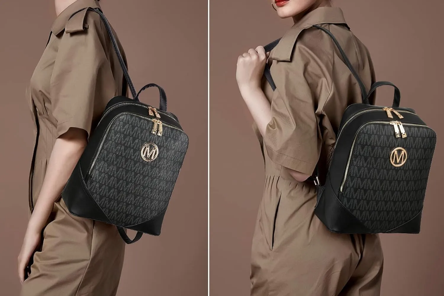 MKP Women's Fashion Medium Backpack Purse Set - 2Pcs PU Leather Shoulder Bag with Double Zipper for Travel and Daily Use