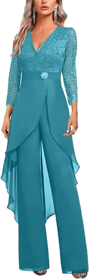 Mother of The Bride Pant Suits 2 Pieces 3/4 Sleeve Wedding Guest Jumpsuit for Women
