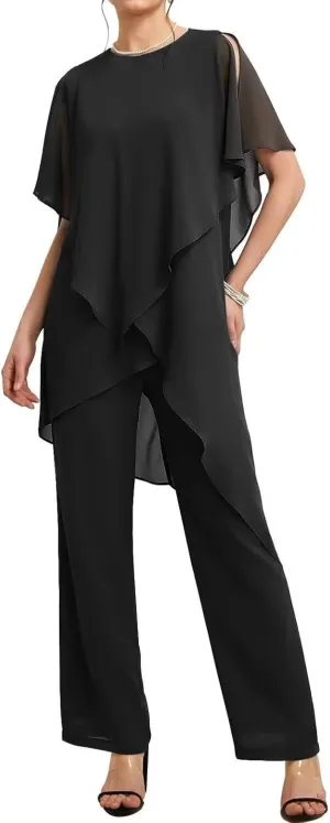 Mother of The Bride Pant Suits 2 Pieces Chiffon Womens Maxi Dress for Wedding