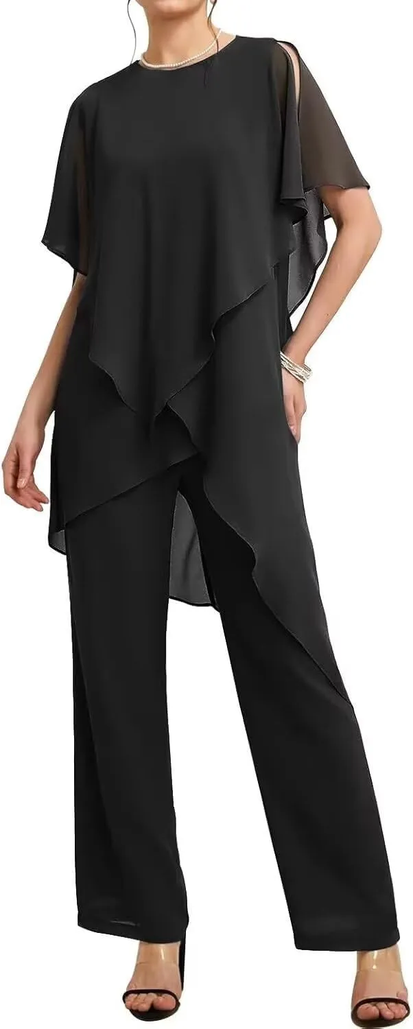 Mother of The Bride Pant Suits 2 Pieces Chiffon Womens Maxi Dress for Wedding