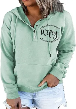 MUZHI Womens MOM Mode Hoodies Sweatshirts Casual Long Sleeve Half Button Down Pullover Drawstring Loose Tops with Pockets