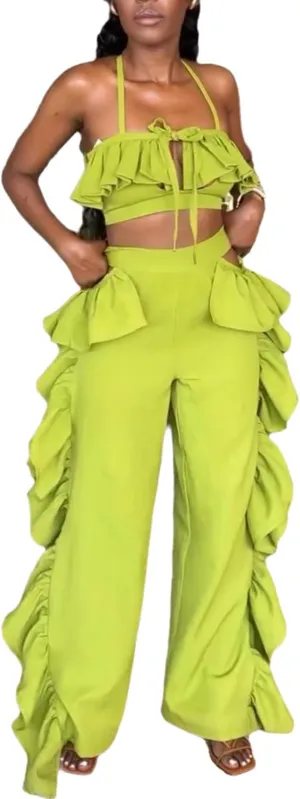 NIFTRIRY Outfits for Women 2 Piece Sets Strape Camisole with Side Ruffle Pants Vacation Outfits