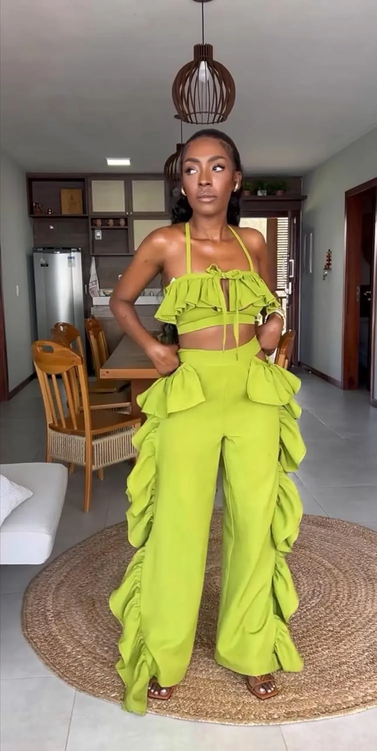 NIFTRIRY Outfits for Women 2 Piece Sets Strape Camisole with Side Ruffle Pants Vacation Outfits