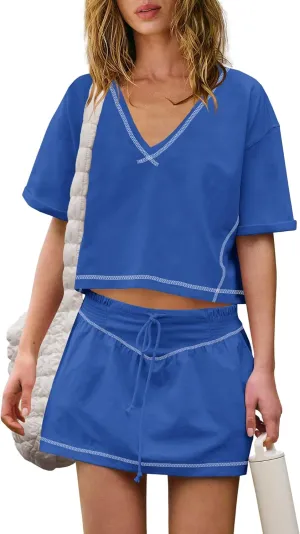 Nirovien Womens 2 Piece Workout Sets Summer Athletic Outfits Short Sleeve Crop Tops and Skirt with Shorts Set