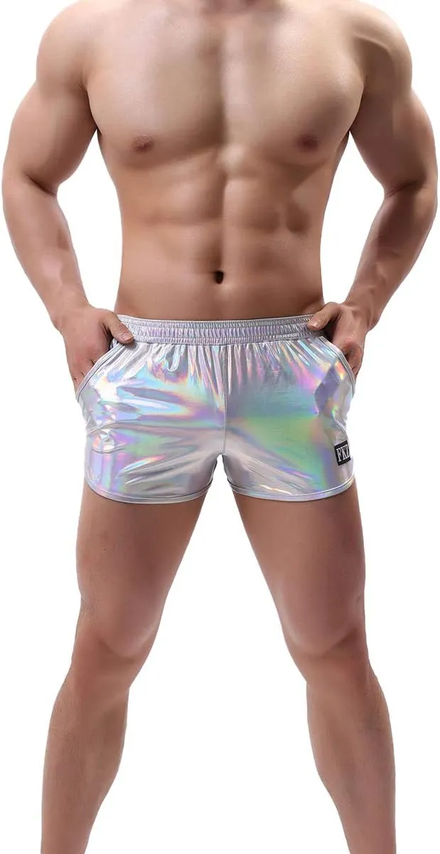 ODASDO Men Faux Leather Holographic Shiny Metallic Boxer Shorts Briefs Underwear Swim Trunk For Rave Dance Party Clubwear