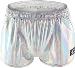 ODASDO Men Faux Leather Holographic Shiny Metallic Boxer Shorts Briefs Underwear Swim Trunk For Rave Dance Party Clubwear
