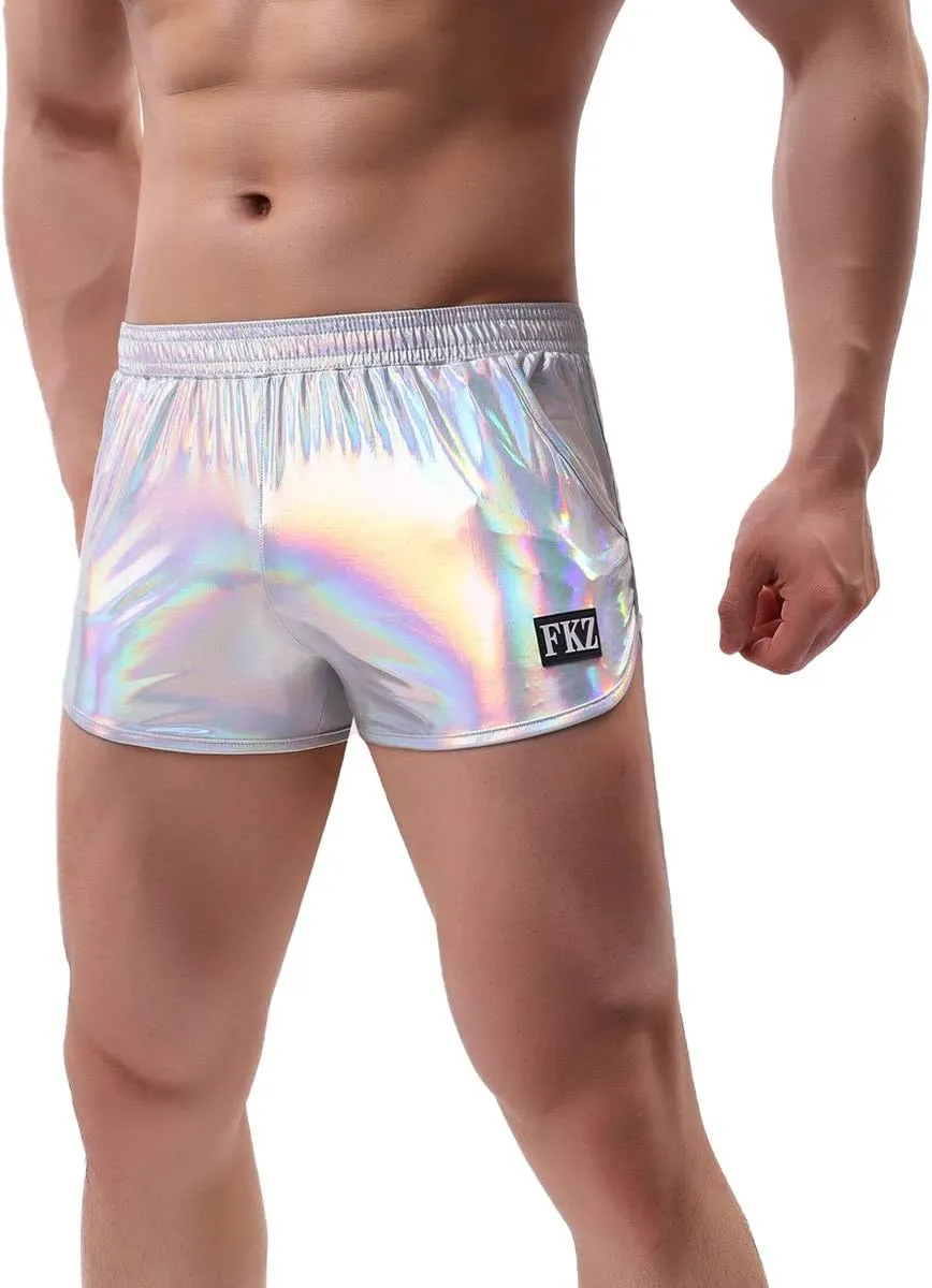 ODASDO Men Faux Leather Holographic Shiny Metallic Boxer Shorts Briefs Underwear Swim Trunk For Rave Dance Party Clubwear