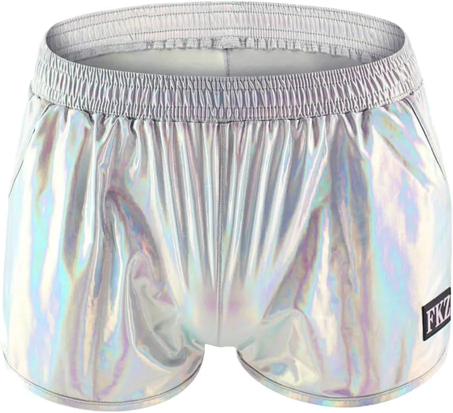 ODASDO Men Faux Leather Holographic Shiny Metallic Boxer Shorts Briefs Underwear Swim Trunk For Rave Dance Party Clubwear