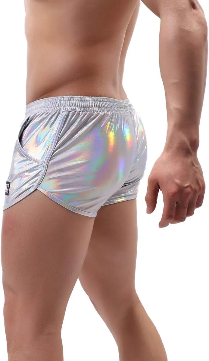 ODASDO Men Faux Leather Holographic Shiny Metallic Boxer Shorts Briefs Underwear Swim Trunk For Rave Dance Party Clubwear