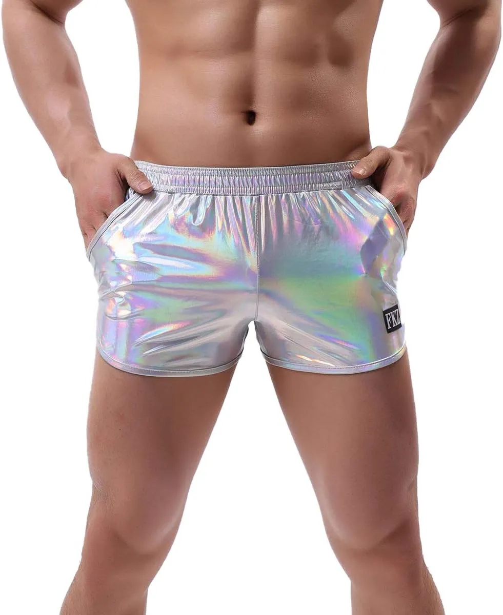 ODASDO Men Faux Leather Holographic Shiny Metallic Boxer Shorts Briefs Underwear Swim Trunk For Rave Dance Party Clubwear