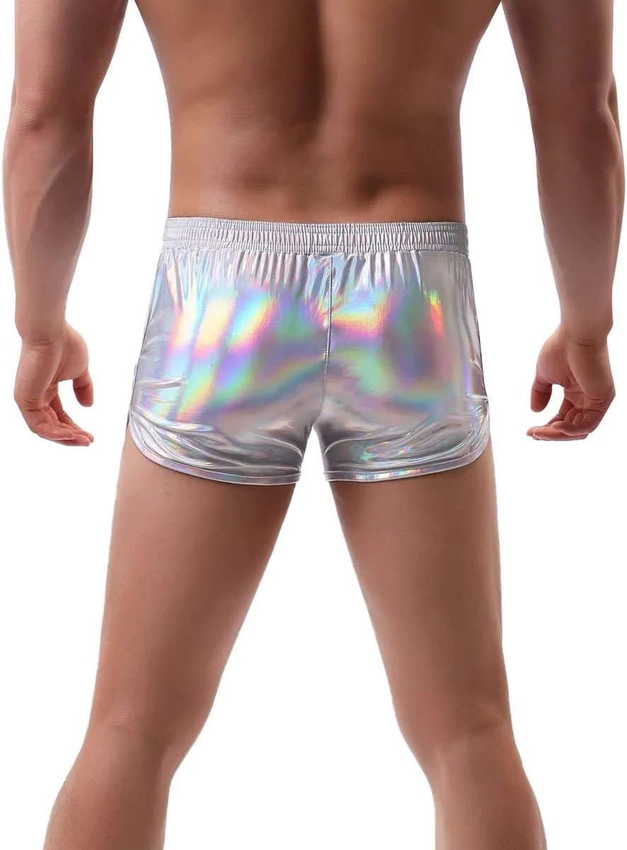 ODASDO Men Faux Leather Holographic Shiny Metallic Boxer Shorts Briefs Underwear Swim Trunk For Rave Dance Party Clubwear