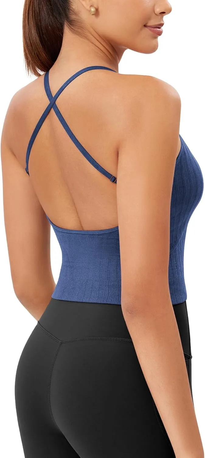 ODODOS Seamless Padded Sports Bra for Women Criss-Cross Back Longline Wirefree Brami Ribbed Crop Tank Tops