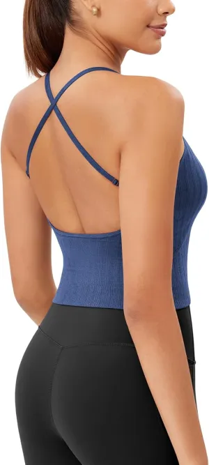 ODODOS Seamless Padded Sports Bra for Women Criss-Cross Back Longline Wirefree Brami Ribbed Crop Tank Tops
