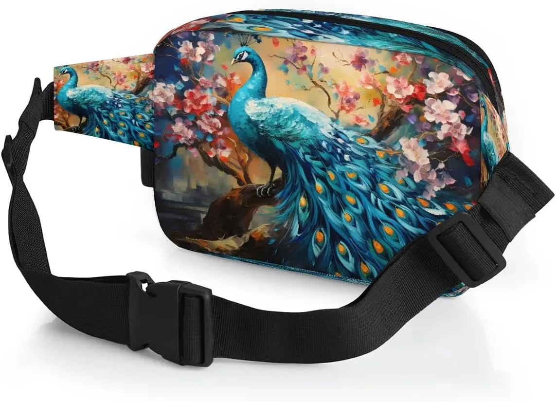 Oil Painting Peacock Flower Crossbody Bags for Women Trendy Waterproof Fanny Pack with Adjustable Strap Fanny Pack for Travel Shopping Running and Daily Use