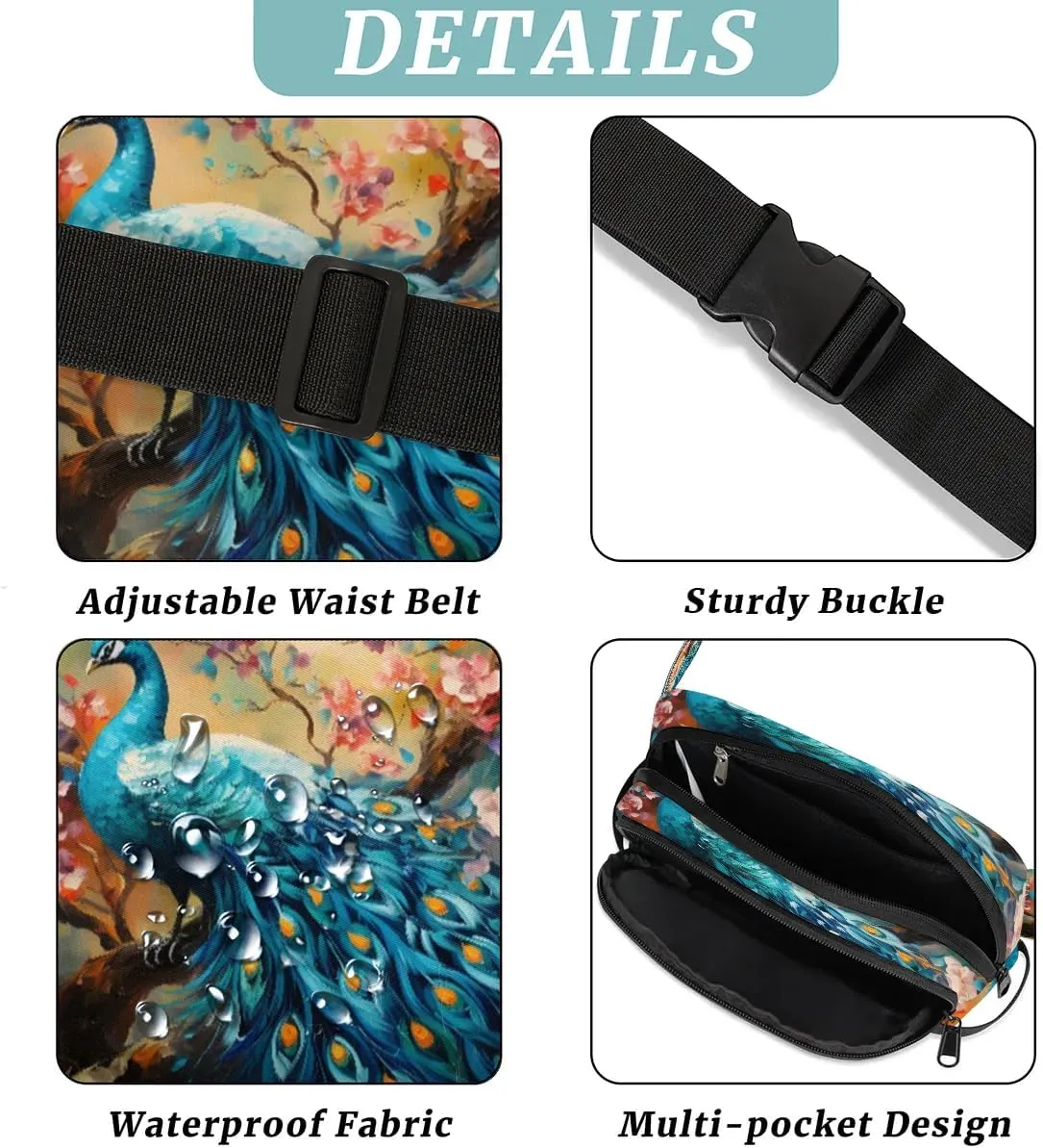 Oil Painting Peacock Flower Crossbody Bags for Women Trendy Waterproof Fanny Pack with Adjustable Strap Fanny Pack for Travel Shopping Running and Daily Use