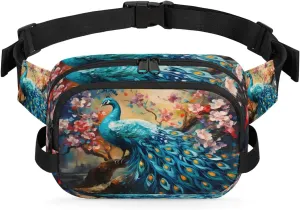 Oil Painting Peacock Flower Crossbody Bags for Women Trendy Waterproof Fanny Pack with Adjustable Strap Fanny Pack for Travel Shopping Running and Daily Use