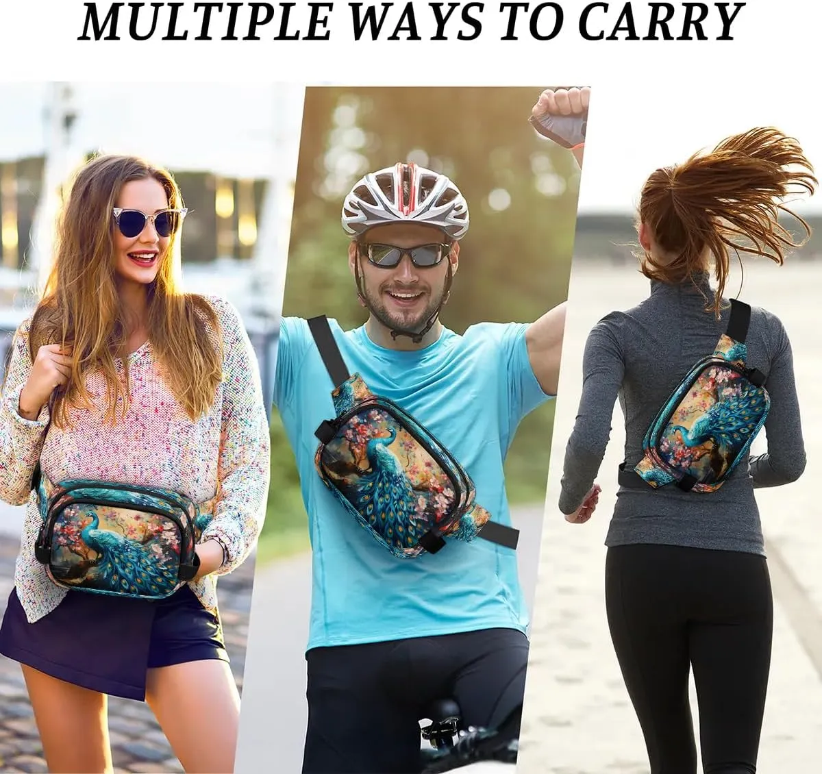 Oil Painting Peacock Flower Crossbody Bags for Women Trendy Waterproof Fanny Pack with Adjustable Strap Fanny Pack for Travel Shopping Running and Daily Use