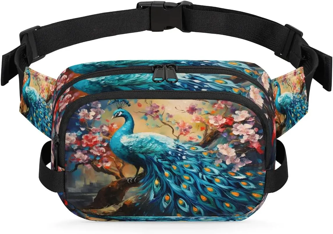 Oil Painting Peacock Flower Crossbody Bags for Women Trendy Waterproof Fanny Pack with Adjustable Strap Fanny Pack for Travel Shopping Running and Daily Use