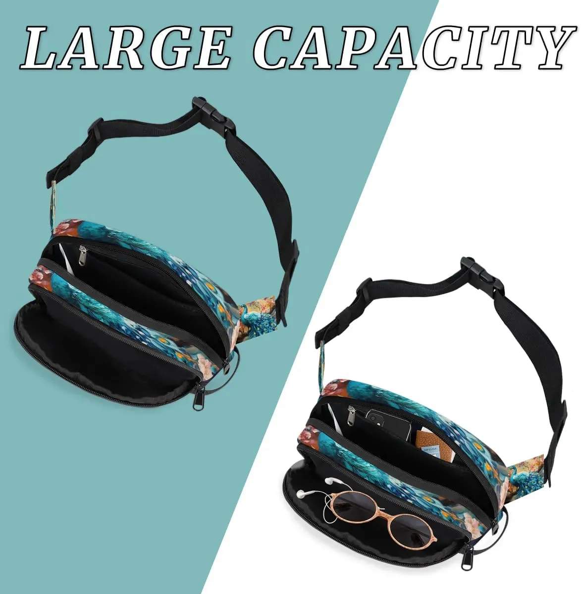Oil Painting Peacock Flower Crossbody Bags for Women Trendy Waterproof Fanny Pack with Adjustable Strap Fanny Pack for Travel Shopping Running and Daily Use
