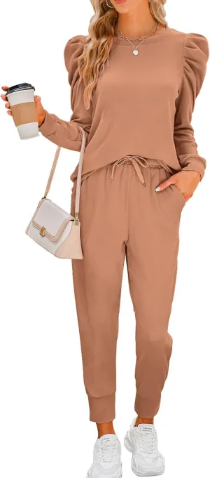 Onedreamer Sweatsuits for Women 2 Piece Outfits Puff Long Sleeve Crewneck Pullover Sweatshirt Jogger Lounge Sets