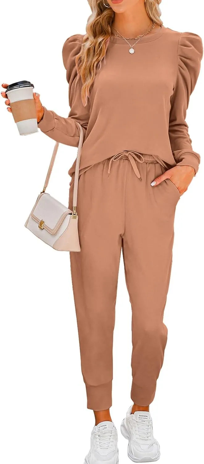Onedreamer Sweatsuits for Women 2 Piece Outfits Puff Long Sleeve Crewneck Pullover Sweatshirt Jogger Lounge Sets