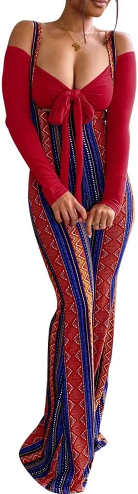 Ophestin Womens Sexy Off Shoulder Tie Crop Top Plaid Print Bell Pants Suspenders Set 2 Piece Outfits Jumpsuits Overalls